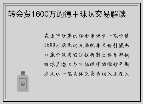转会费1600万的德甲球队交易解读