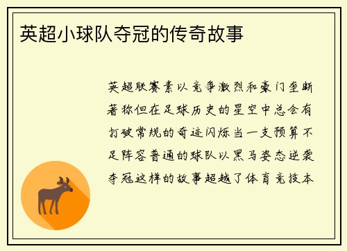 英超小球队夺冠的传奇故事
